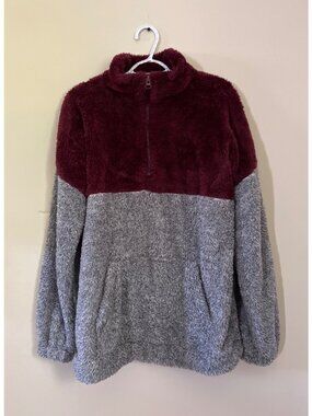 Zenana Outfitters Womens Small Sherpa Pullover Burgundy Gray Quarter Zip